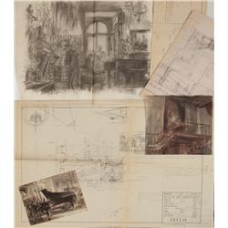 Charcoal storyboards, blueprints, and concept art for Gaslight