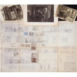 Charcoal storyboards, blueprints, and concept art for The Picture of Dorian Gray