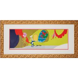 Original production cel and background from the 1966 animated feature How the Grinch Stole Christmas