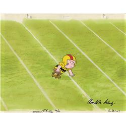 Charlie Brown original production cel signed by Charles Schulz, matched with original background