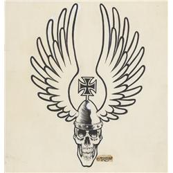 Ed “Big Daddy” Roth original pen & ink and tempera illustration of iron-cross helmet hell’s angel