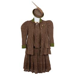 Margaret O’Brien dress, overcoat, and pillbox hat from Three Wise Fools with poster showing ensemble