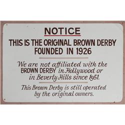 Metal & wood-frame place-marker sign for the original “bowler hat” Brown Derby Restaurant (c. 1950s)
