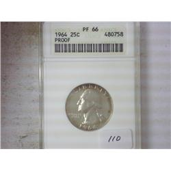 1964 WASHINGTON SILVER QUARTER ANACS PF66