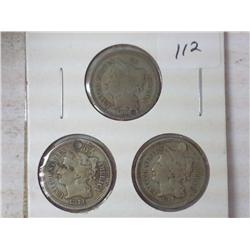3-THREE CENT PIECES (NICKEL) (HOLED)