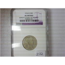1914-S BARBER QUARTER NGC AG DETAILS
