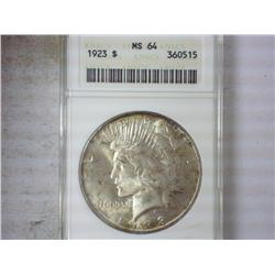 1923 PEACE SILVER DOLLAR ANACS MS64