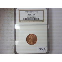 1992 WIDE AM LINCOLN CENT NGC MS67RD