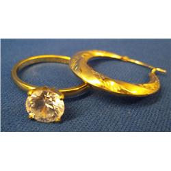 14K Gold CZ Solitaire Ring & (1)14K Earring