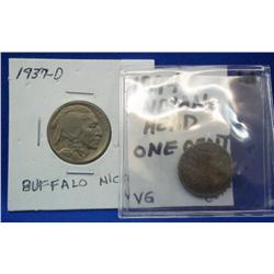 Lot-1894 Indian Head VG & 1937-D VF Buffalo