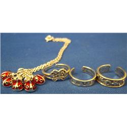 Sterling & Enameled Anklet & 3 Sterling Toe Rings