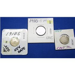 Lot-Dimes 1918-S Key Date, 1874-P VF, 1980-S Proof