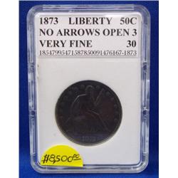 1873 Seated Liberty Half Dollar No Arrows Open 3