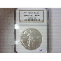 1992-P COLUMBUS US SILVER DOLLAR NGC PF69 ULTRACAM