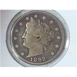 1892 LIBERTY "V" NICKEL (VERY FINE)