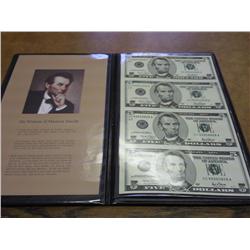 UNCUT SHEET OF 4 US $5 FRN'S (UNC)