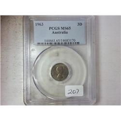 1963 (AUSTRALIA) 3 PENCE PCGS MS65