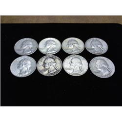 8 ASSORTED WASHINGTON SILVER QUARTERS $2 FACE VAL.