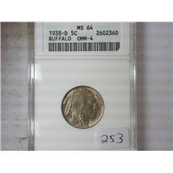 1938-D BUFFALO NICKEL ANACS MS64