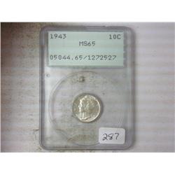 1943 MERCURY DIME PCGS MS65