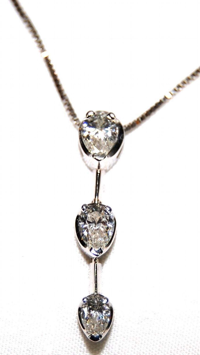 Diamond 3 Stone Pear Shaped Pendant w/ 14K White Gold Necklace