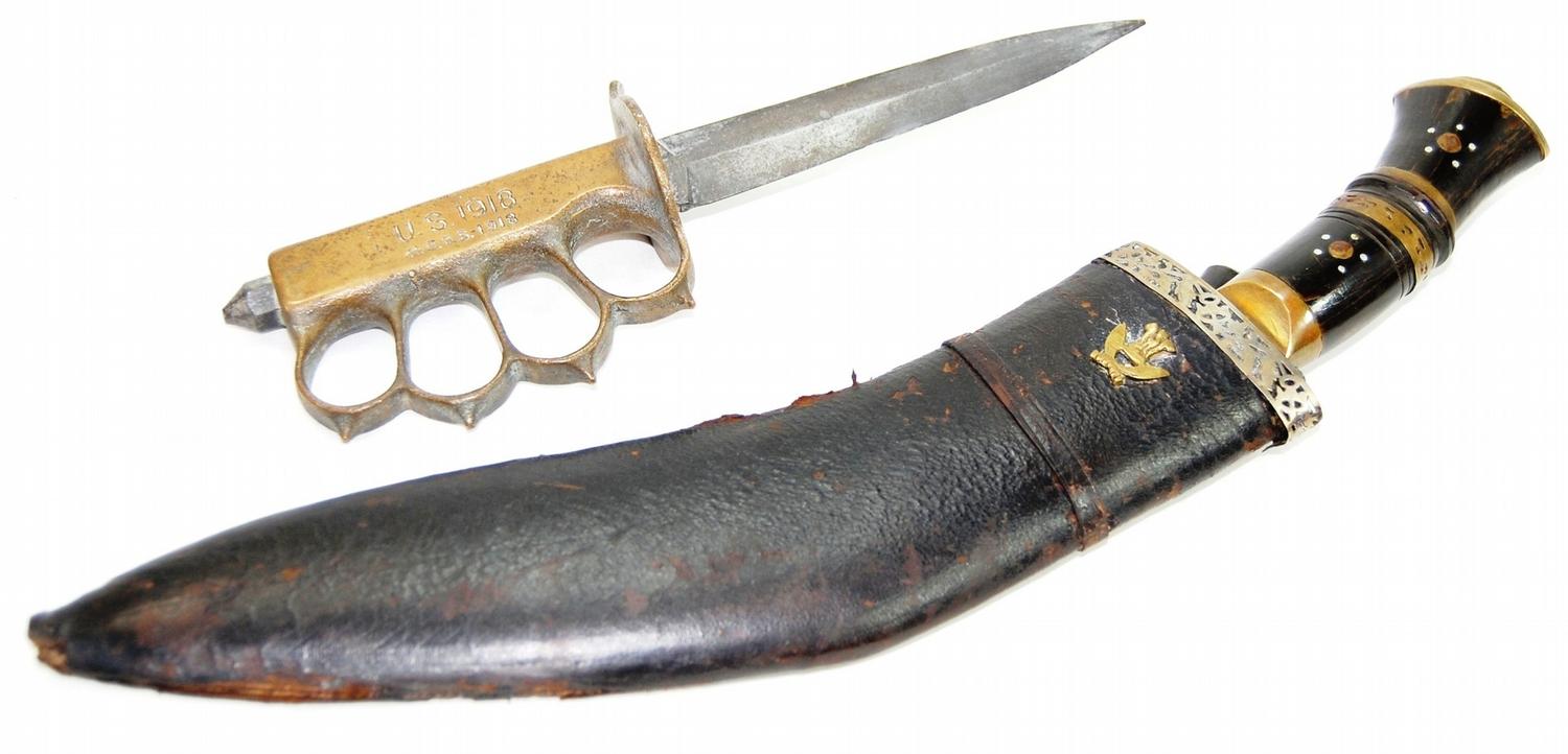 Lot of 2 Vintage Knives Moorish w/ Sheath & WWI Trench Knife w/ Brass Knuckles