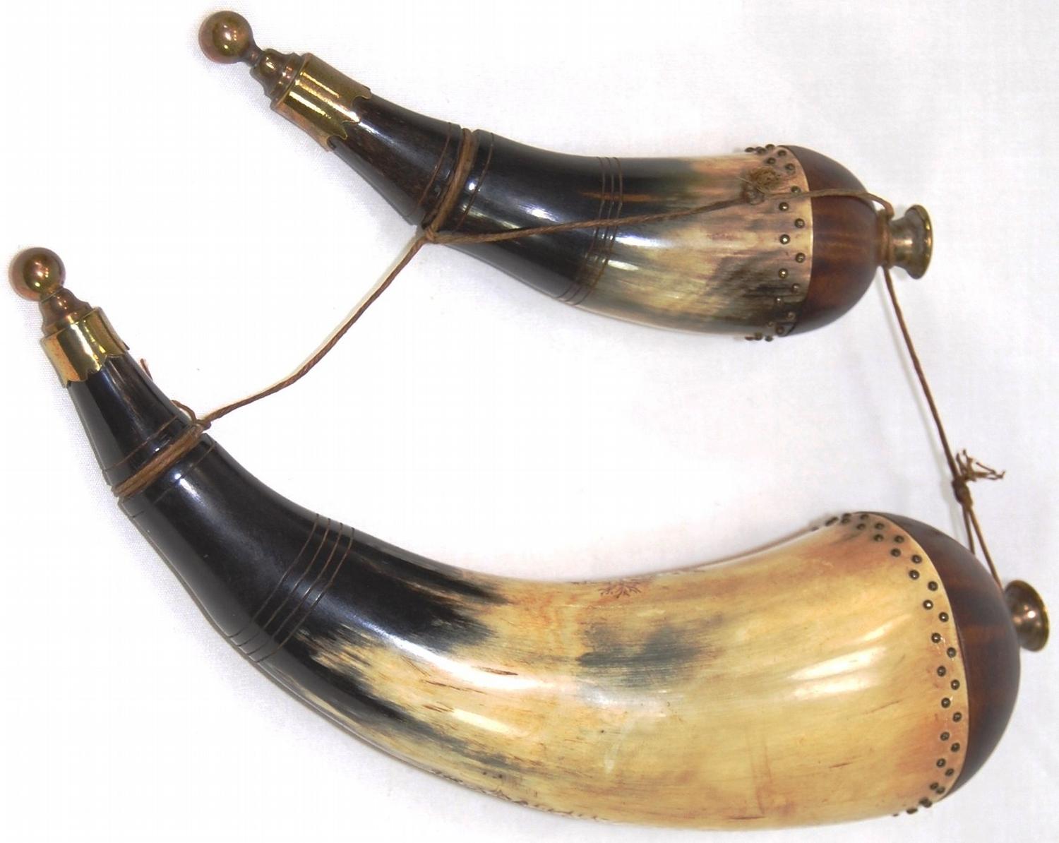 Pair of 2 Vintage Powder Horns, with Ornately Carved Scenes