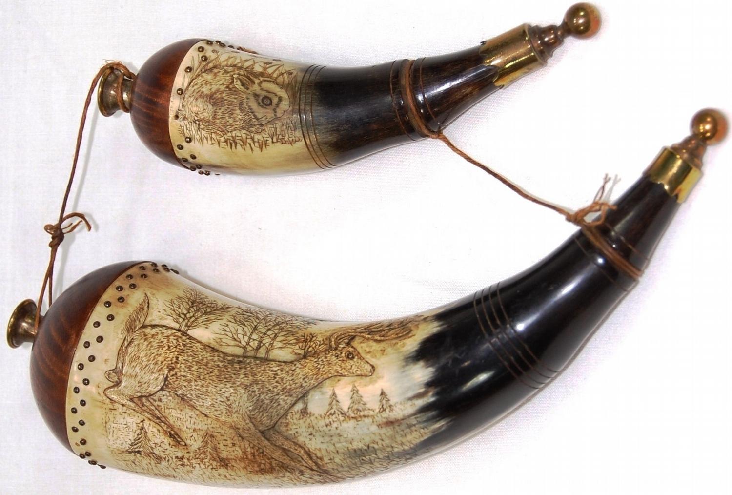 Pair of 2 Vintage Powder Horns, with Ornately Carved Scenes