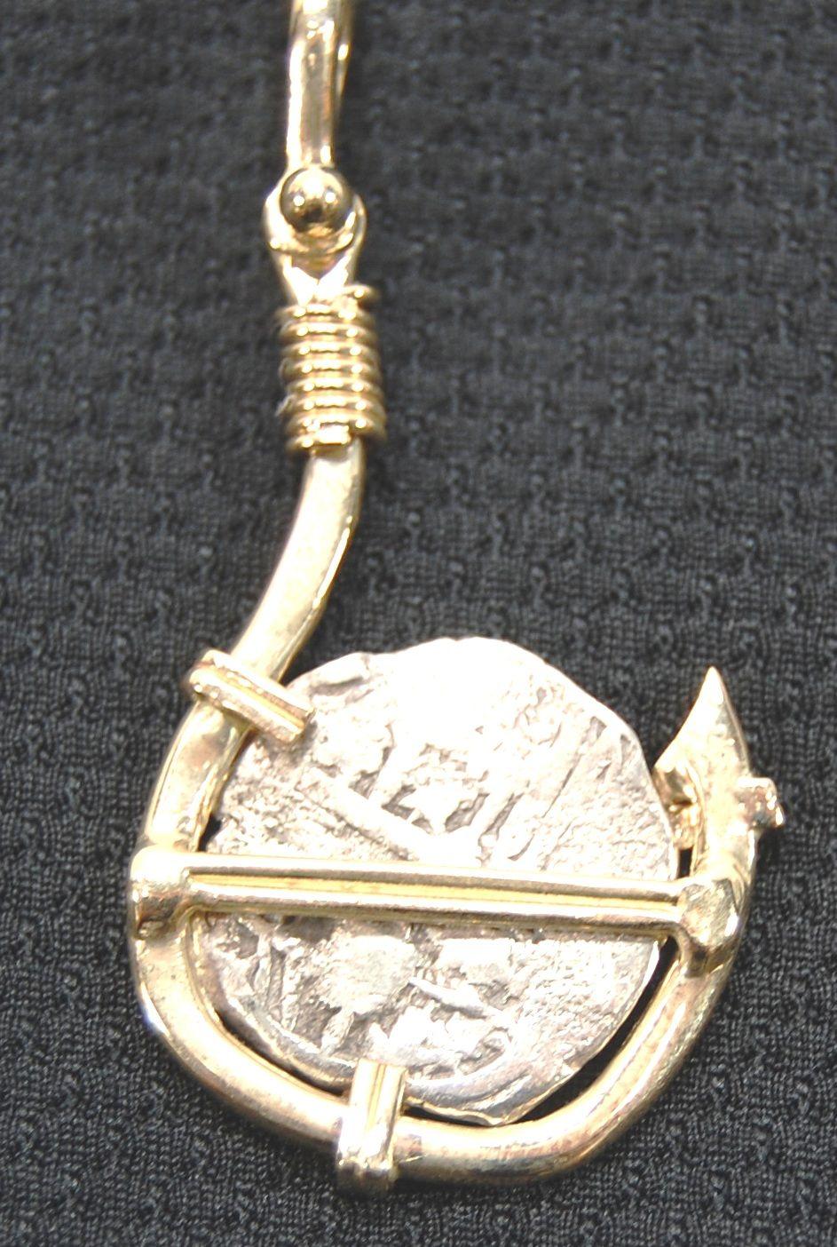 Spanish Treasure Coin, Custom mounted in 14K Gold Fish Hook Pendant