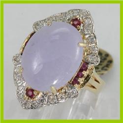 Genuine 0.81 ctw Ruby & Diamond of Large Lavender Jade Ring  15X12MM 14KT Yellow Gold 