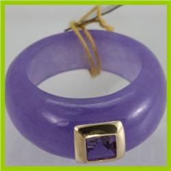 Genuine Light Purple Jade & 5x5mm Purple Sapphire Band 14KT Gold-Yellow 