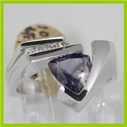 Genuine 1.40 ctw Iolite & Diamond Ring 14KT White Gold 