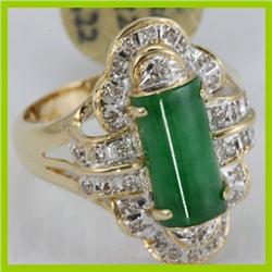 Genuine 12X7MM Green Jade & 0.22 ctw Diamond Ring 14KT Gold-Yellow 