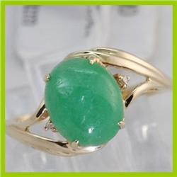 Genuine 0.01 ctw Diamond of Green Jade 10X8MM Ring 14KT Gold-Yellow 