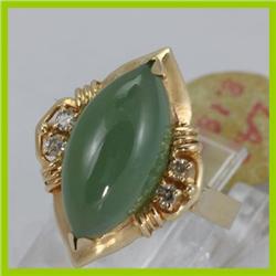 Genuine 16X8MM Green Jade Ring 14KT Gold-Yellow 