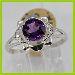 Genuine 1.20 ctw  Amethyst & Diamond Ring 14KT White Gold 
