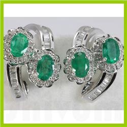 Genuine 3.22 ctw Emerald & Diamond Baguette Earring 14kt Gold-White 