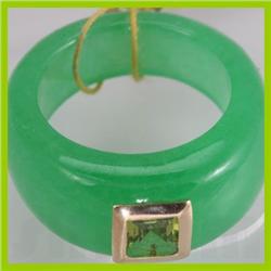 Genuine Green Jade & 5x5mm Green  Sapphire Band 14KT Gold-Yellow 