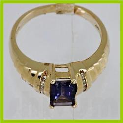Genuine 0.96 ctw Iolite & Diamond Ring 14KT Yellow Gold 