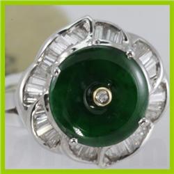 Genuine 11MM Imperial Jade & 0.46 Tapered Diamond Ring 14KT Gold-White 