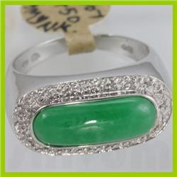 Genuine 17X6MM Green Jade & 0.10 ctw Diamond Ring 14KT Gold-White 
