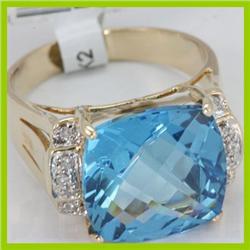 Genuine 10.87 ctw Blue Topaz & Diamond Ring 14KT Gold-Yellow 