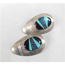 Zuni Inlay Silver Turquoise Earrings Hallmark FM