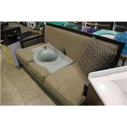 BROWN WOOD FRAMED COUCH & PILLOWS