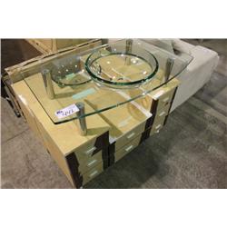 WOOD VENEER & WHITE CLEAR GLASS BATHROOM VANITY