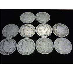 10 ASSORTED LIBERTY "V" NICKELS (ALL VG)