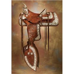 Keyston Bros, San Francisco, Stunning Two-Tone Floral Carved Sterling and Gold Parade Saddle