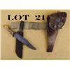 Image 1 : Interesting lot containing a deer hide flap  holster, deer hide knife scabbard, crudely  made knife 