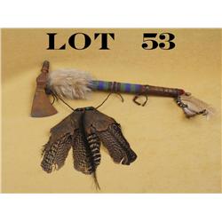 Indian peace pipe style beaded tomahawk of  unknown age, approx. 7” head size and approx.  18” shaft