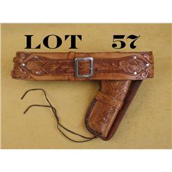 Tooled leather single loop holster and  cartridge belt with square metal belt buckle,  no visible ma